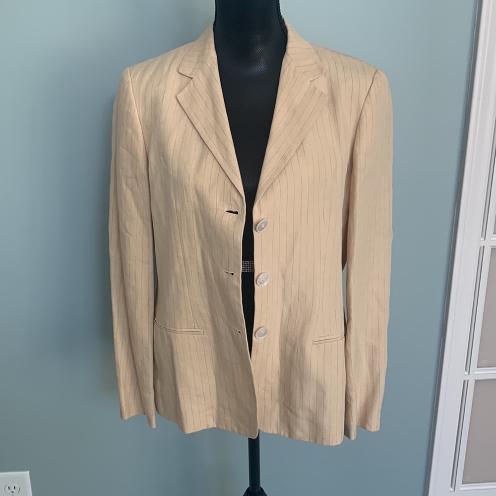 MaxMara Beige Cream Pin Stripe Flax Linen Blazer Medium - Picture 6 of 10